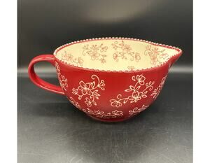 Temptations Red & White Floral Lace Embossed 2 Qt Batter Bowl 9" x 5" Tall